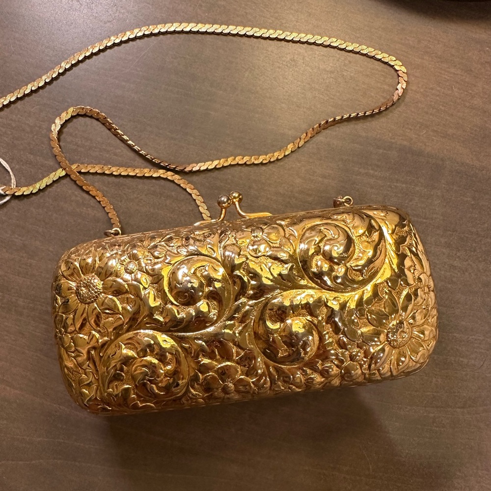 Judith Leiber Metal Floral Oblong Minaudière Vintage Evening Bag Clutch